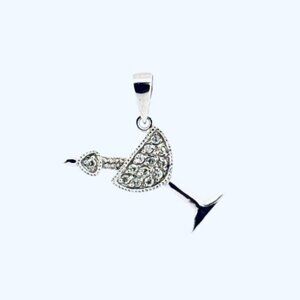 Sterling Silver 925 Martini Cocktail Glass Pendant Charm Encrusted White Crystal